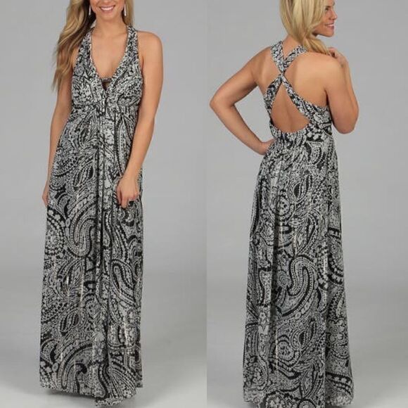 Oleg Cassini Black Paisley Printed Long Dress - Picture 1 of 9